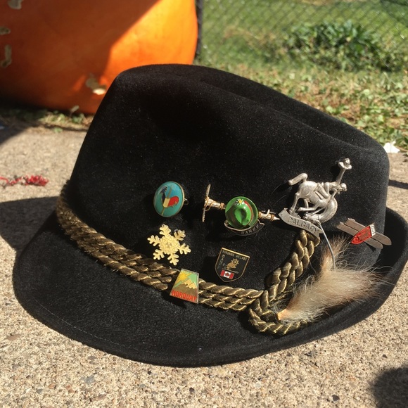 Vintage Canadian ski pins on a cool derby hat